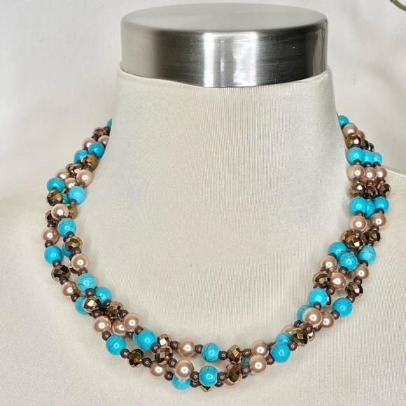 Turquoise Beaded Bronze Triple Stand Necklace - Picture 2 of 8